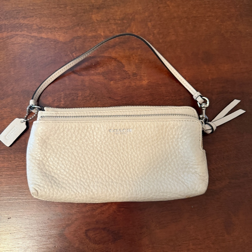 Coach Pebbled Leather Wristlet in Light Beige/Cream